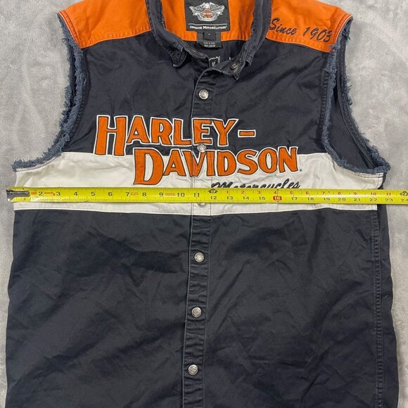Harley-Davidson Sleeveless Button-Up Shirt Mens L Black Orange White Distressed - Picture 6 of 8